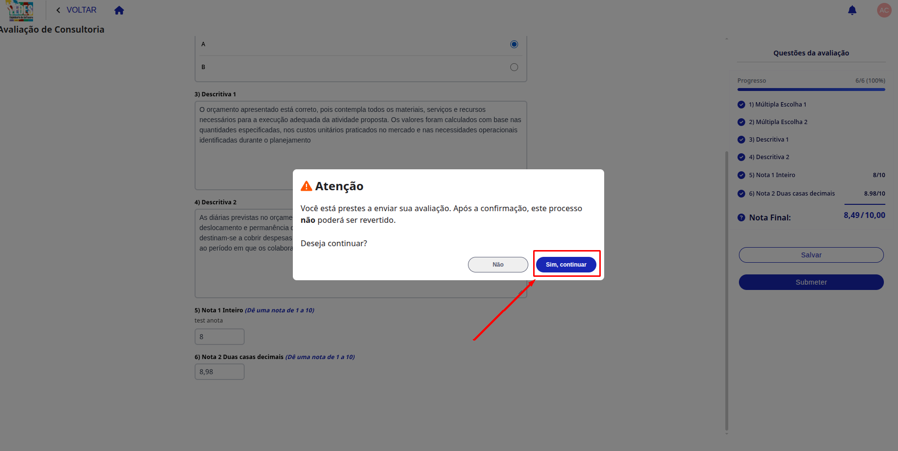 Submeter avaliação