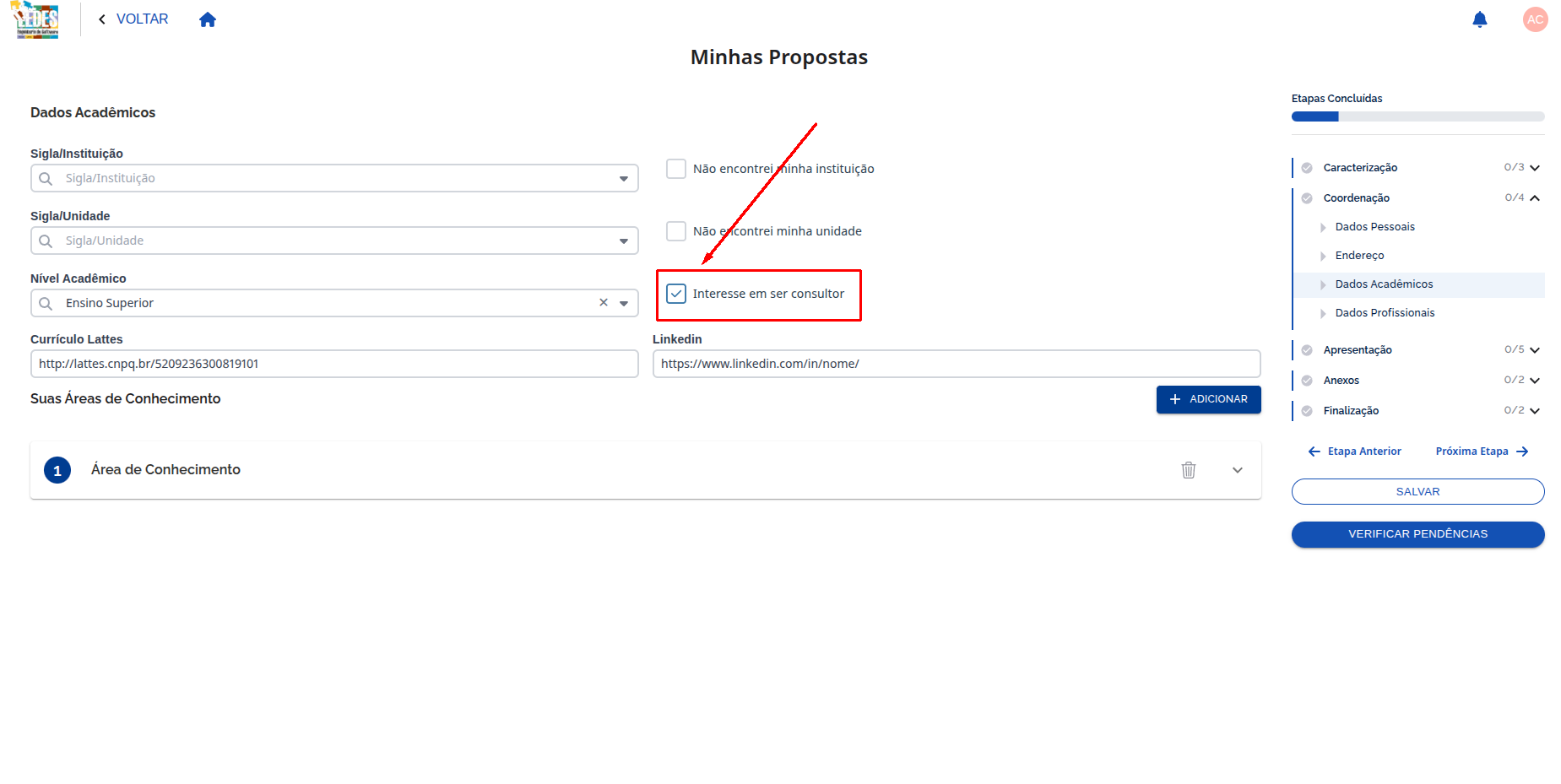 Checkbox interesse em ser consultor