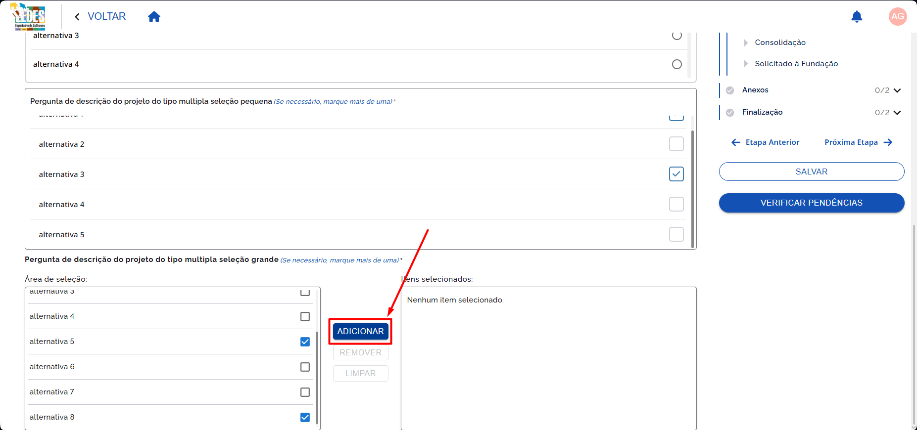 Adicionar Alternativas