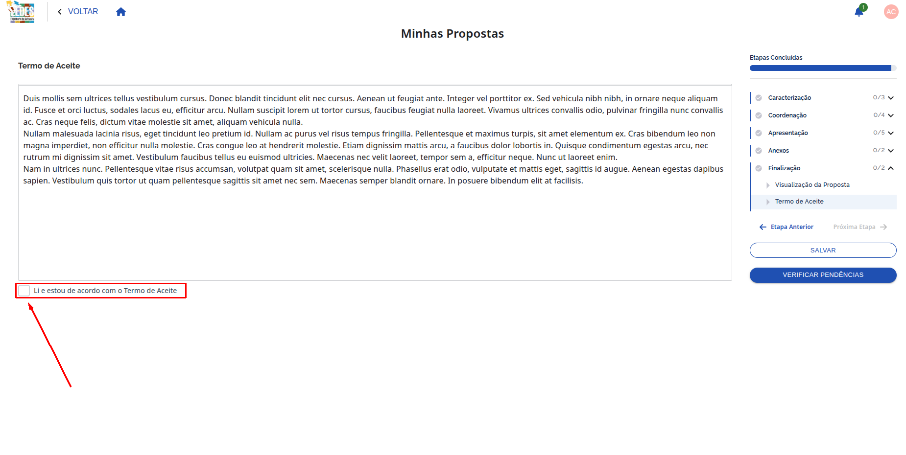 Checkbox do Termo de Aceite
