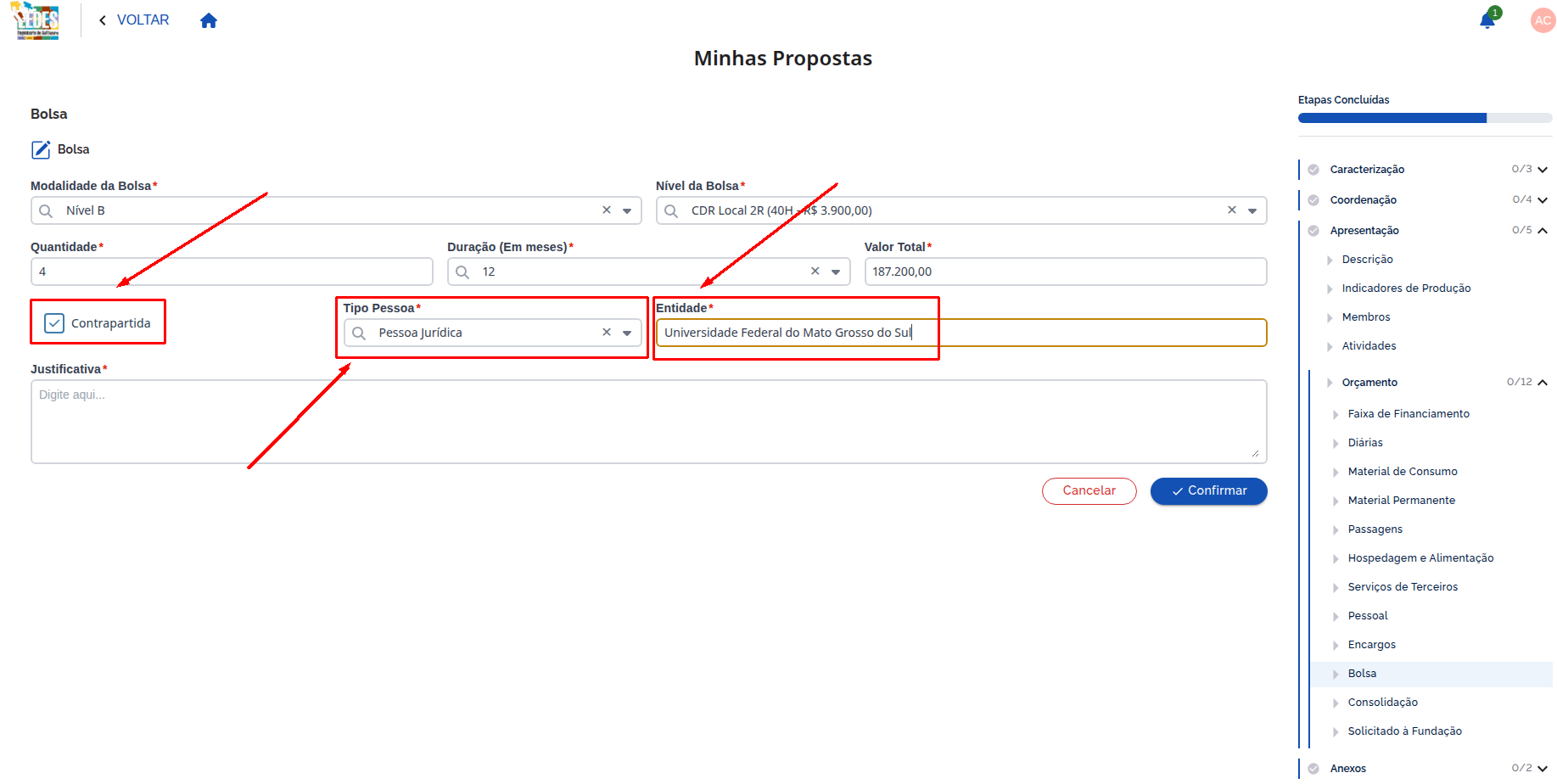 Checkbox Contrapartida