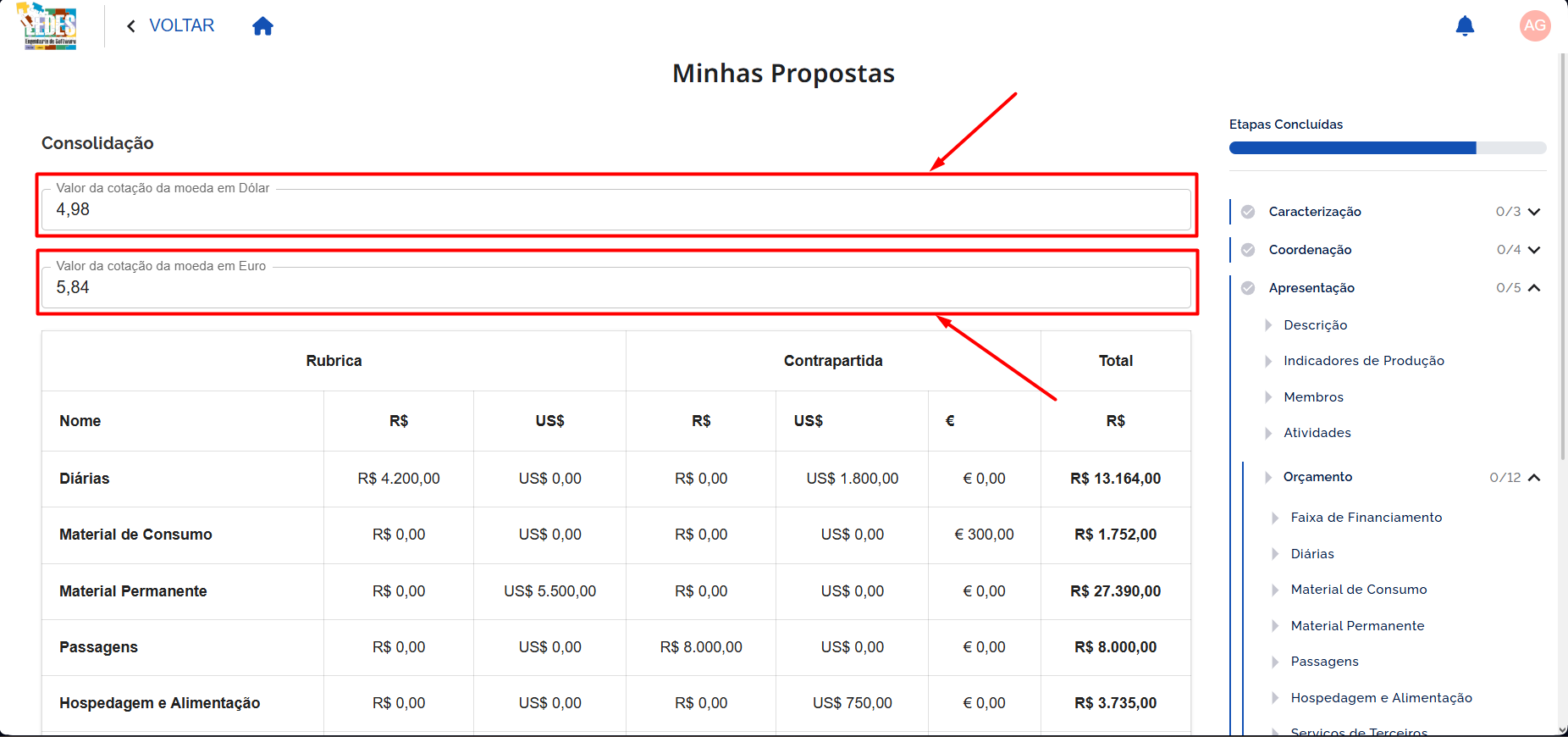 Cotação preenchida