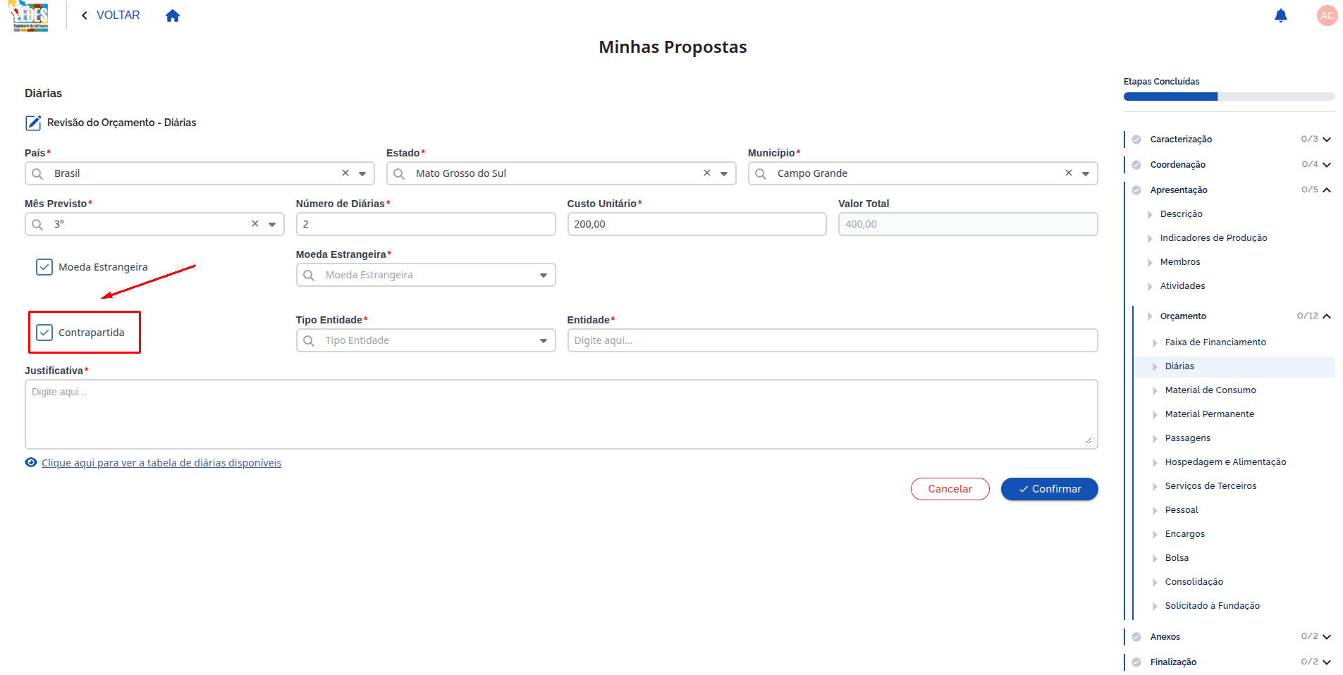 Checkbox Contrapartida