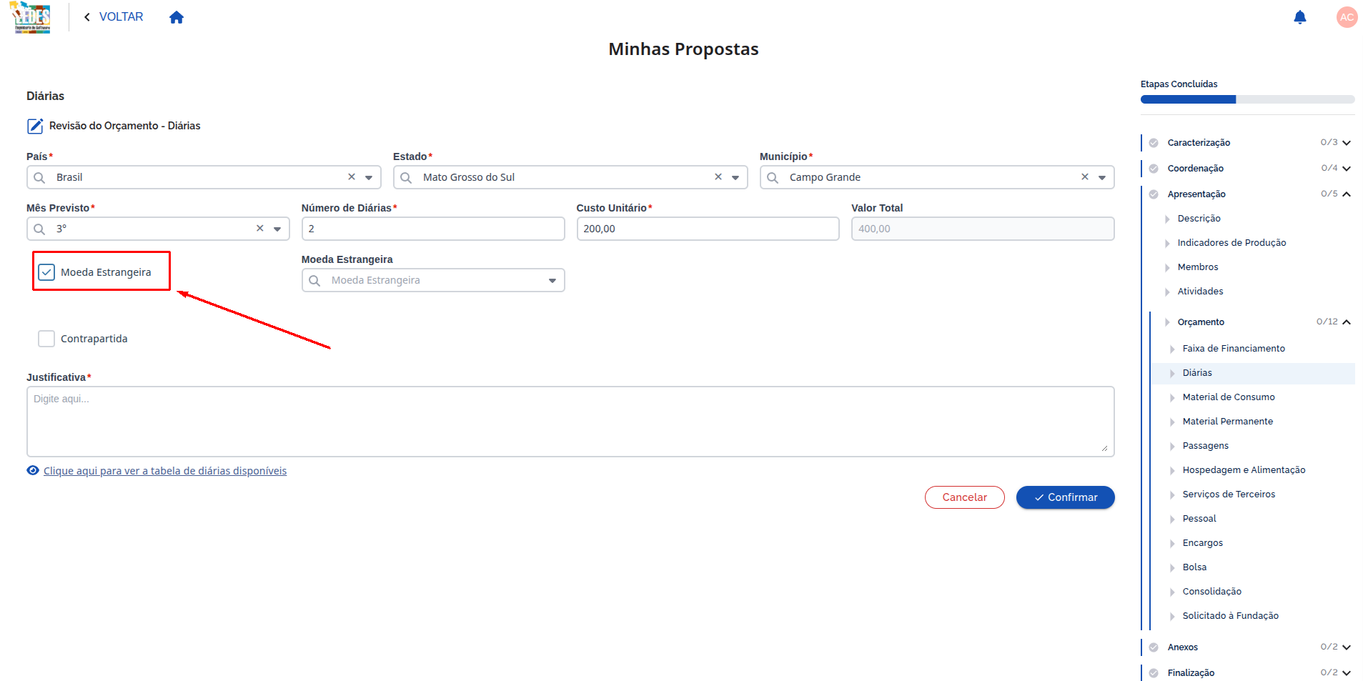 Checkbox Moeda Estrangeira