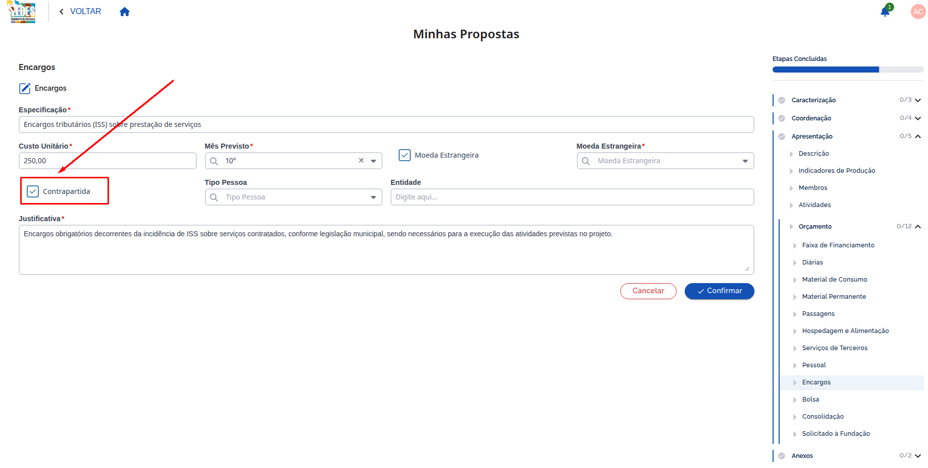 Checkbox Contrapartida