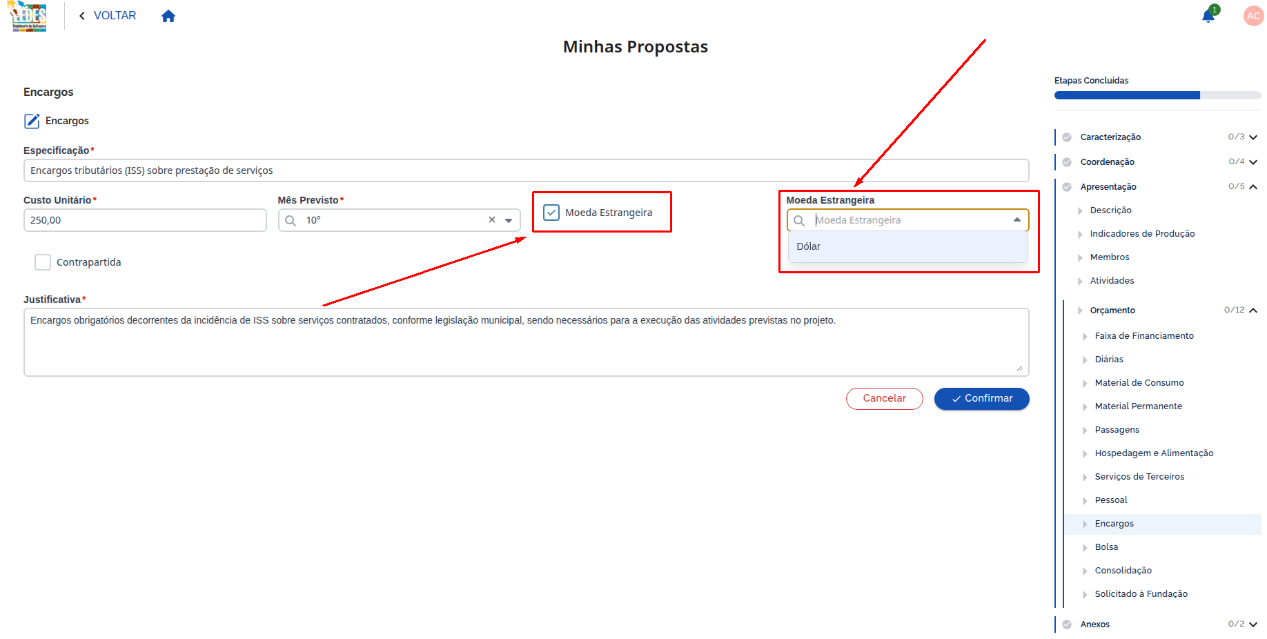 Checkbox Moeda Estrangeira