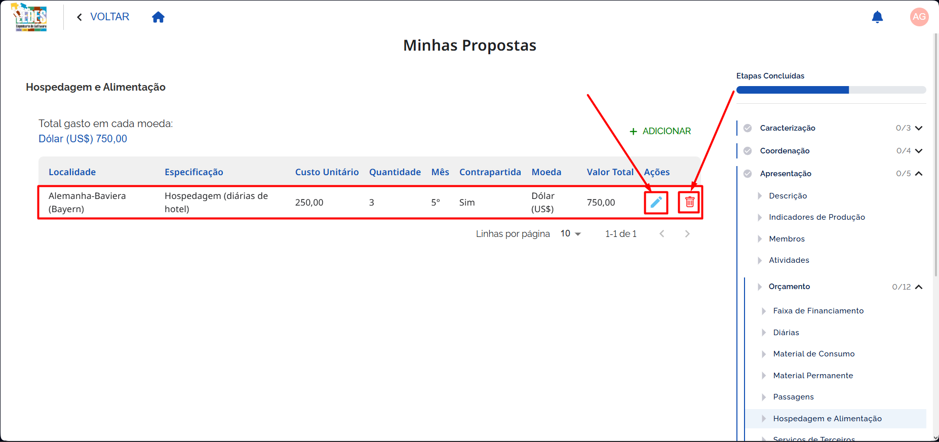Botões de Editar e Remover
