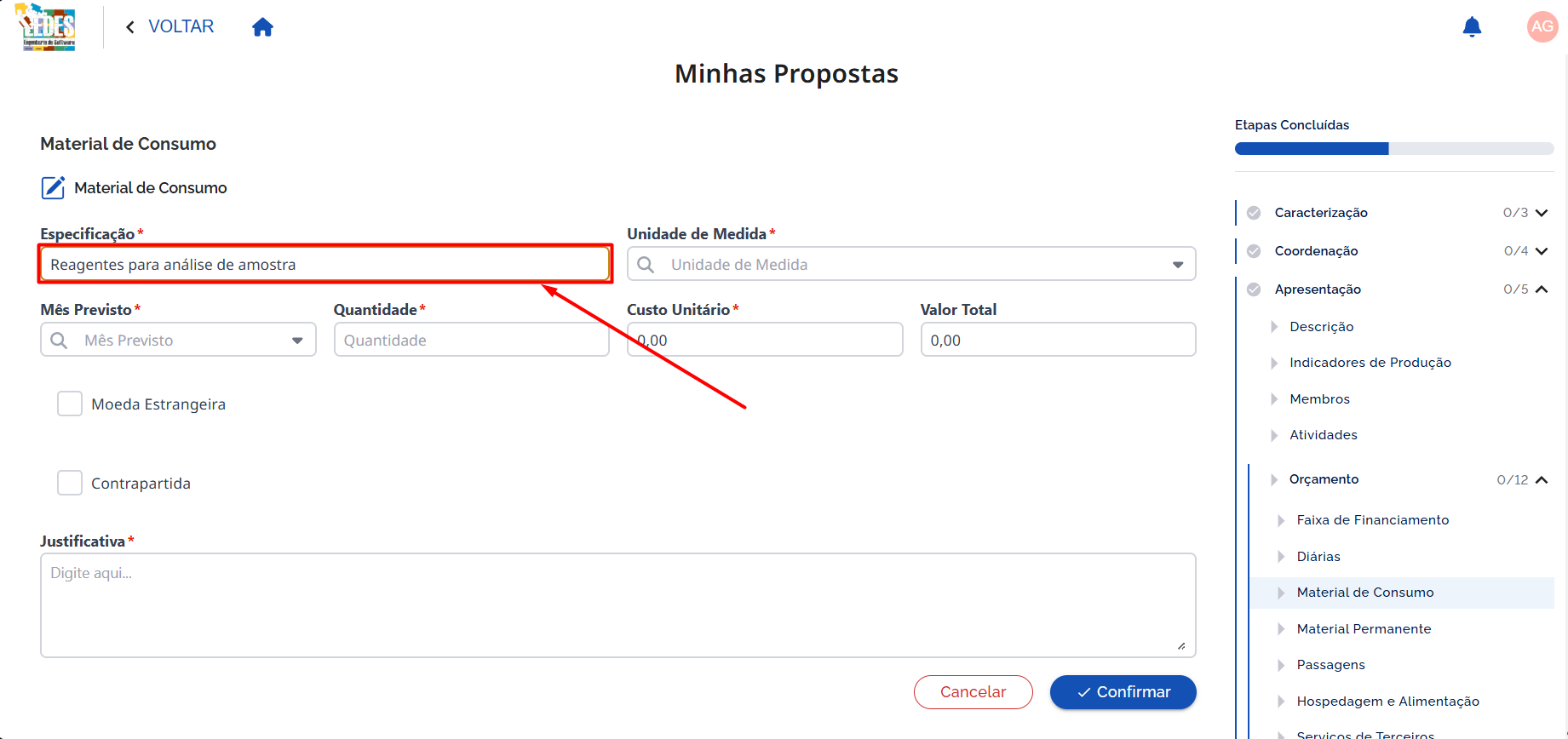 Preencher Especificação