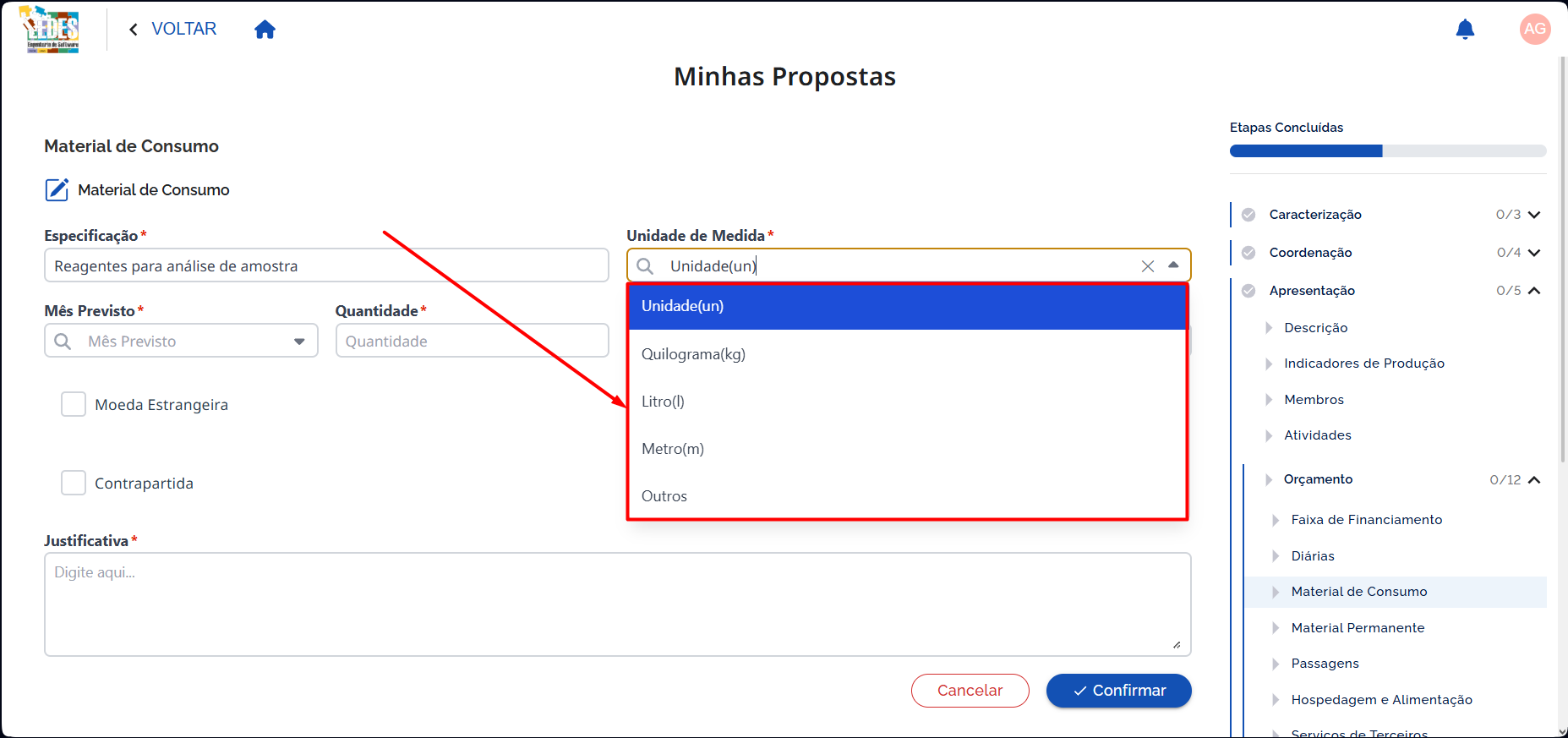 Selecionar unidade de medida