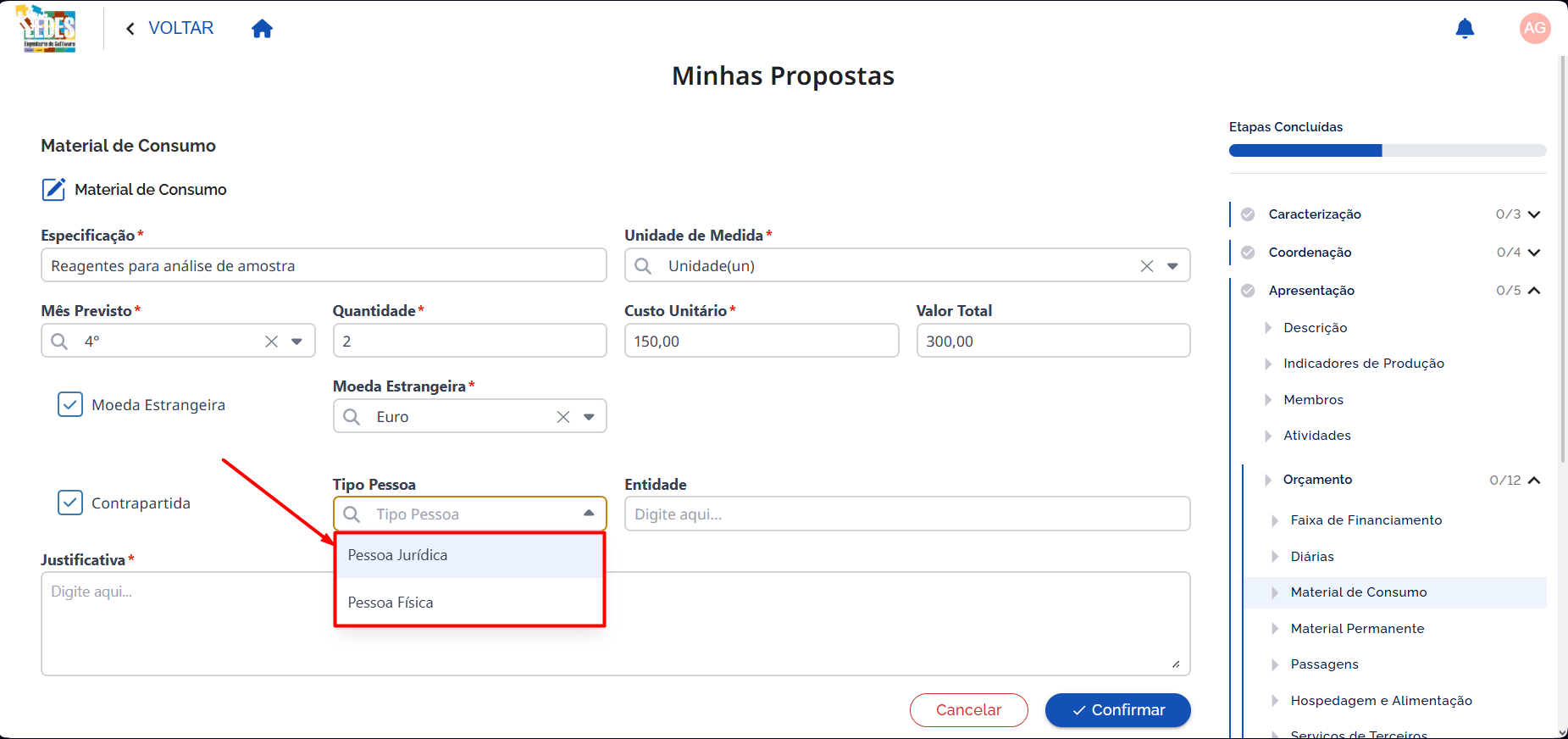 Selecionar Tipo Pessoa