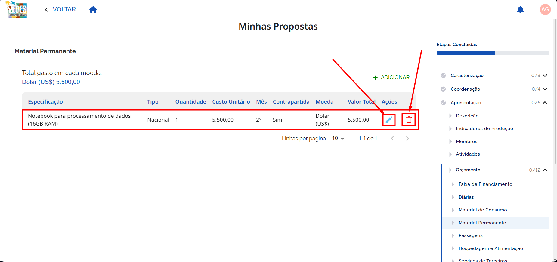 Botões de Editar e Remover