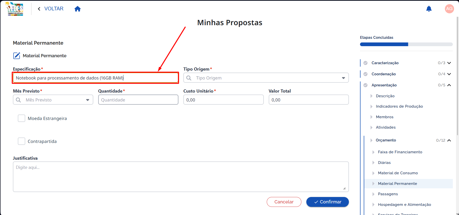 Preencher Especificação