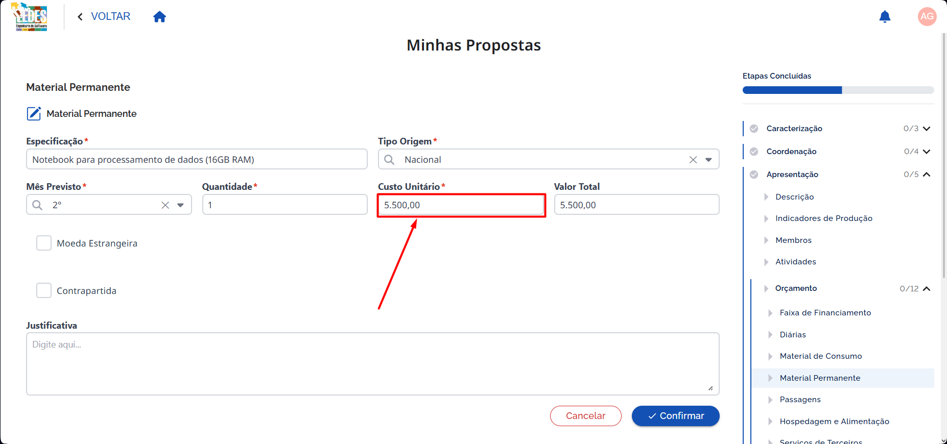 Preencher Custo Unitário