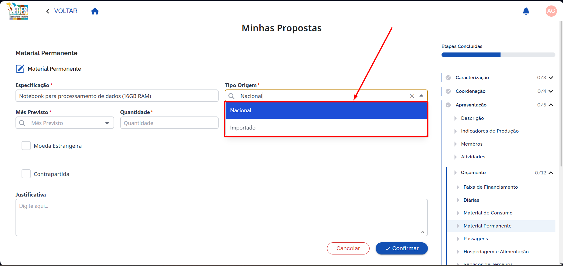 Selecionar Tipo Origem