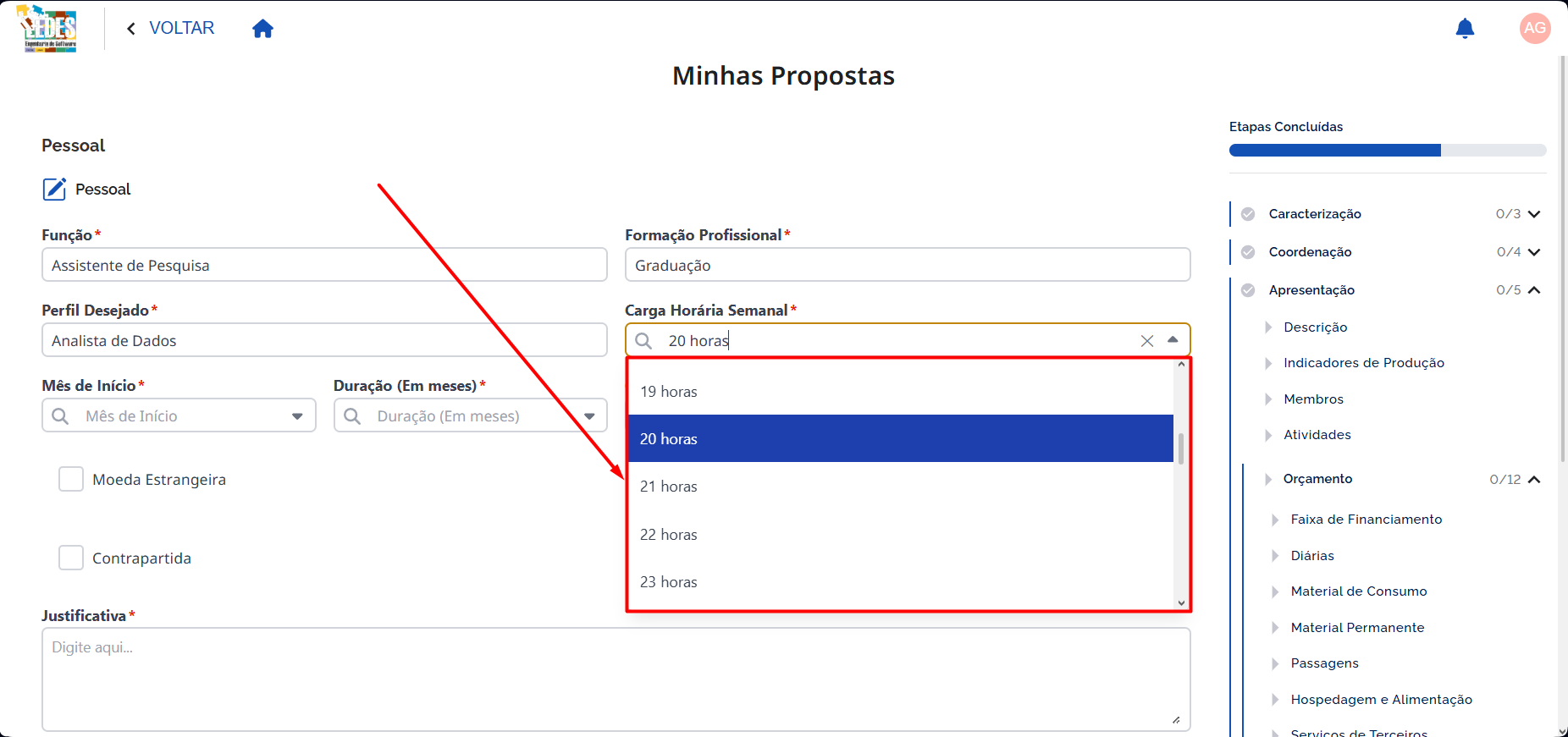 Preencher Carga Horária Semanal