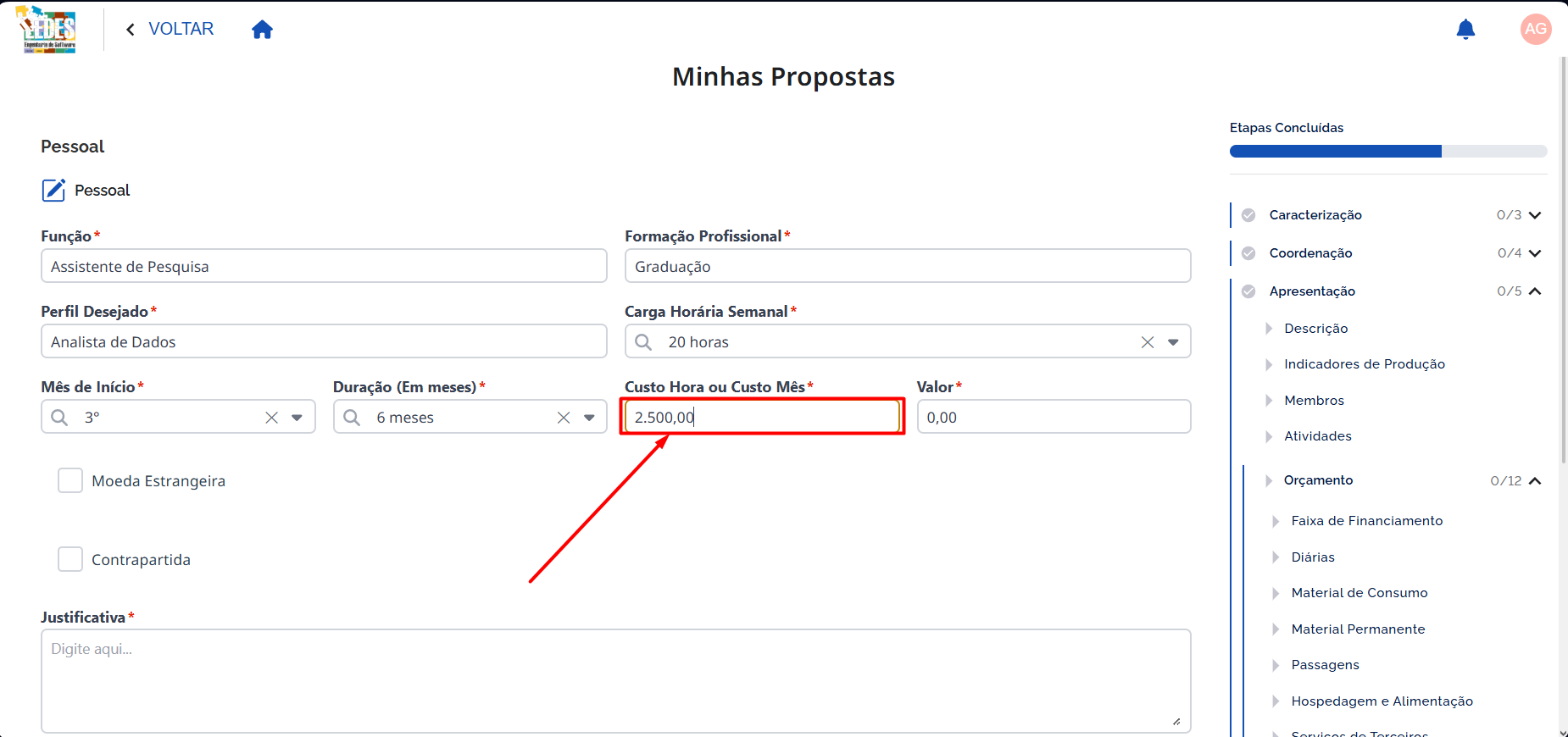 Preencher Custo Hora ou Custo Mês