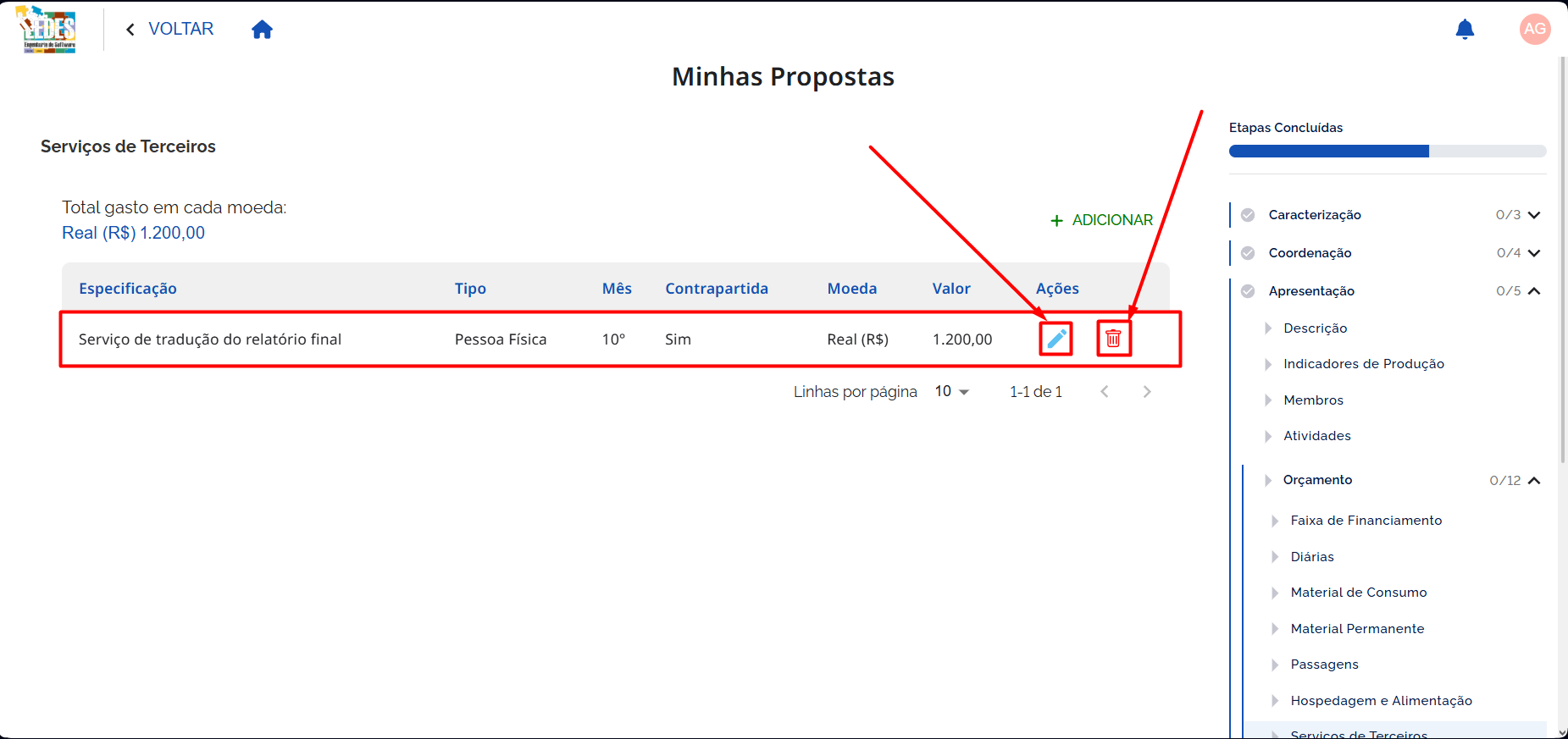 Botões de Editar e Remover