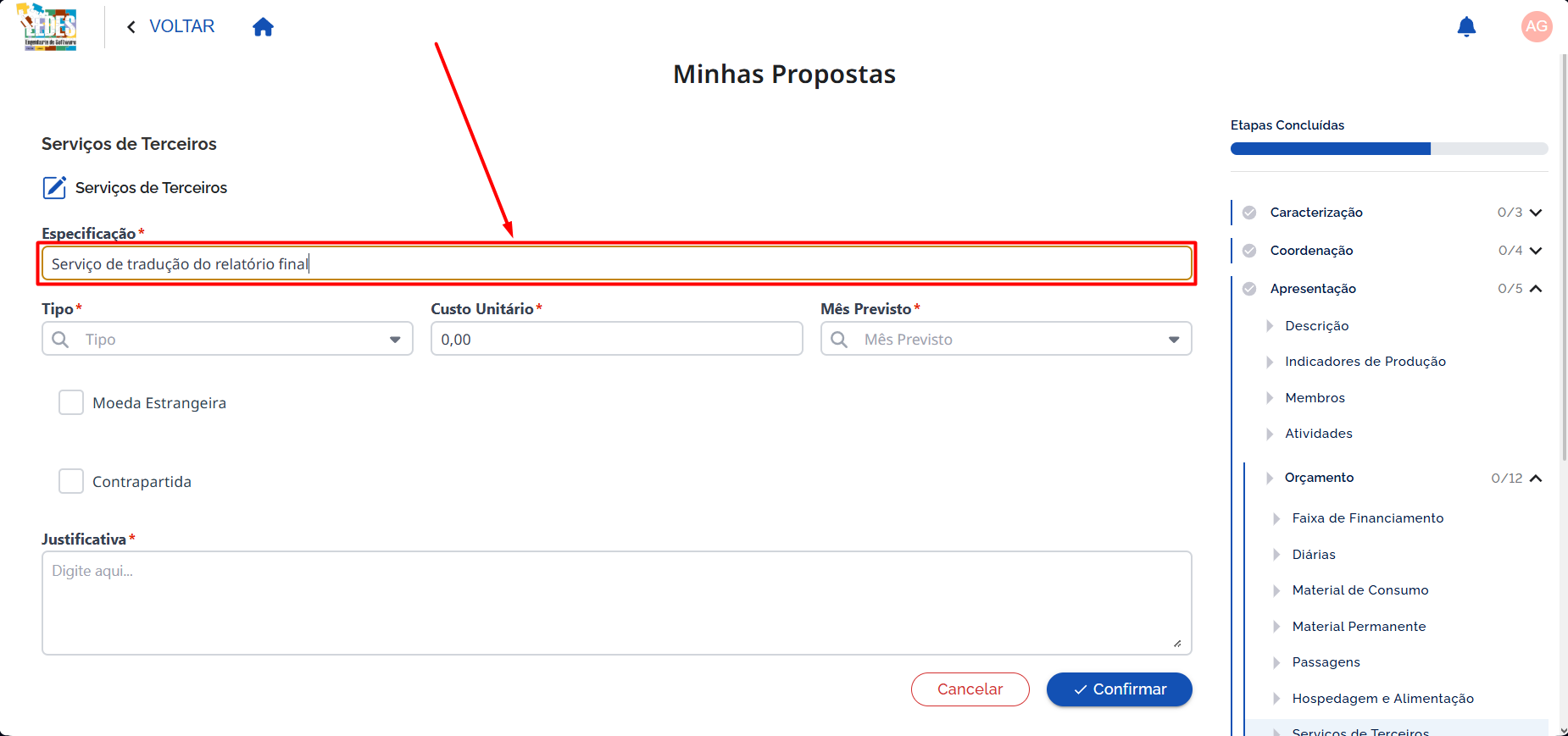 Preencher Especificação