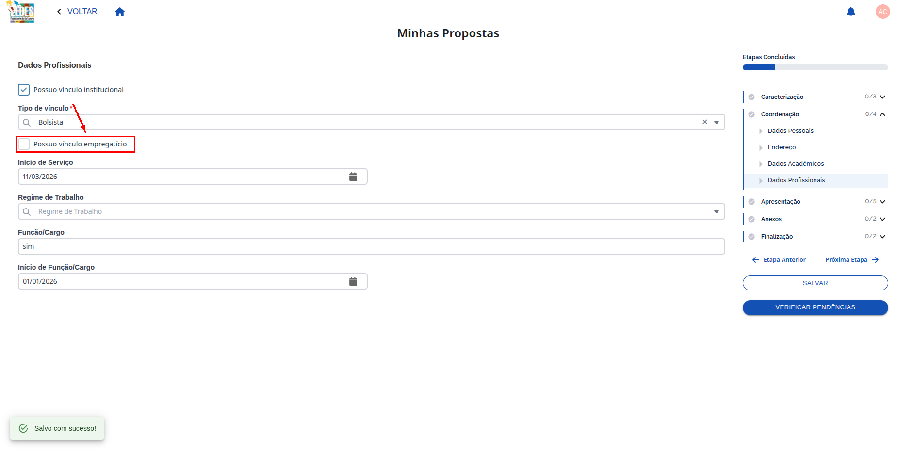 Checkbox vínculo empregatício