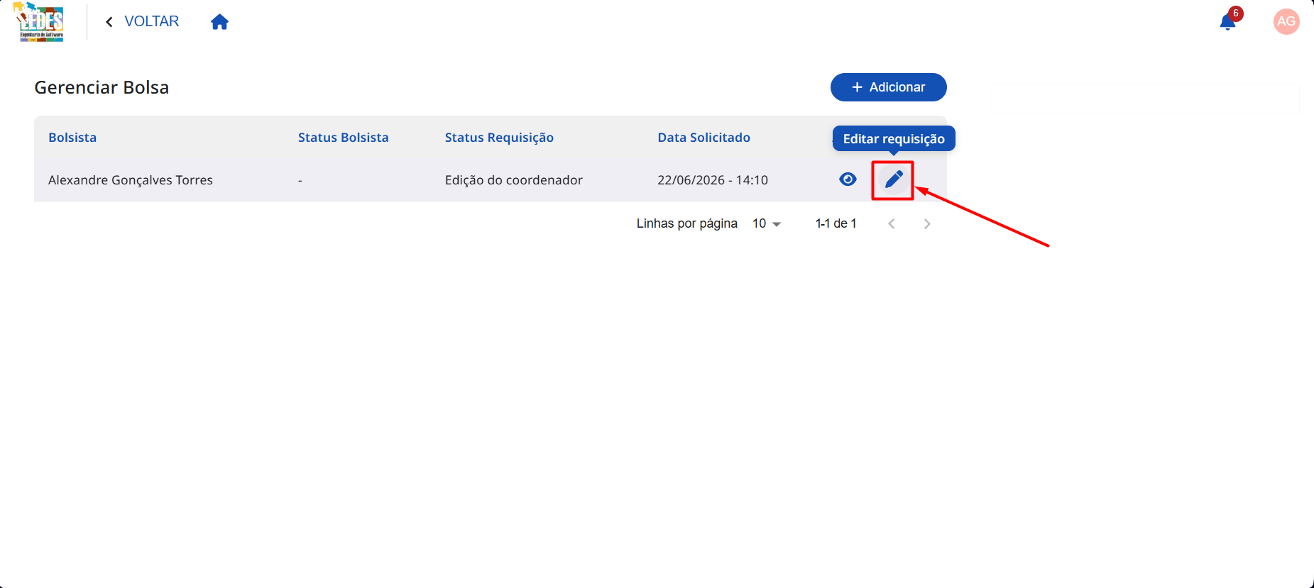 Tela de Editar Requisição