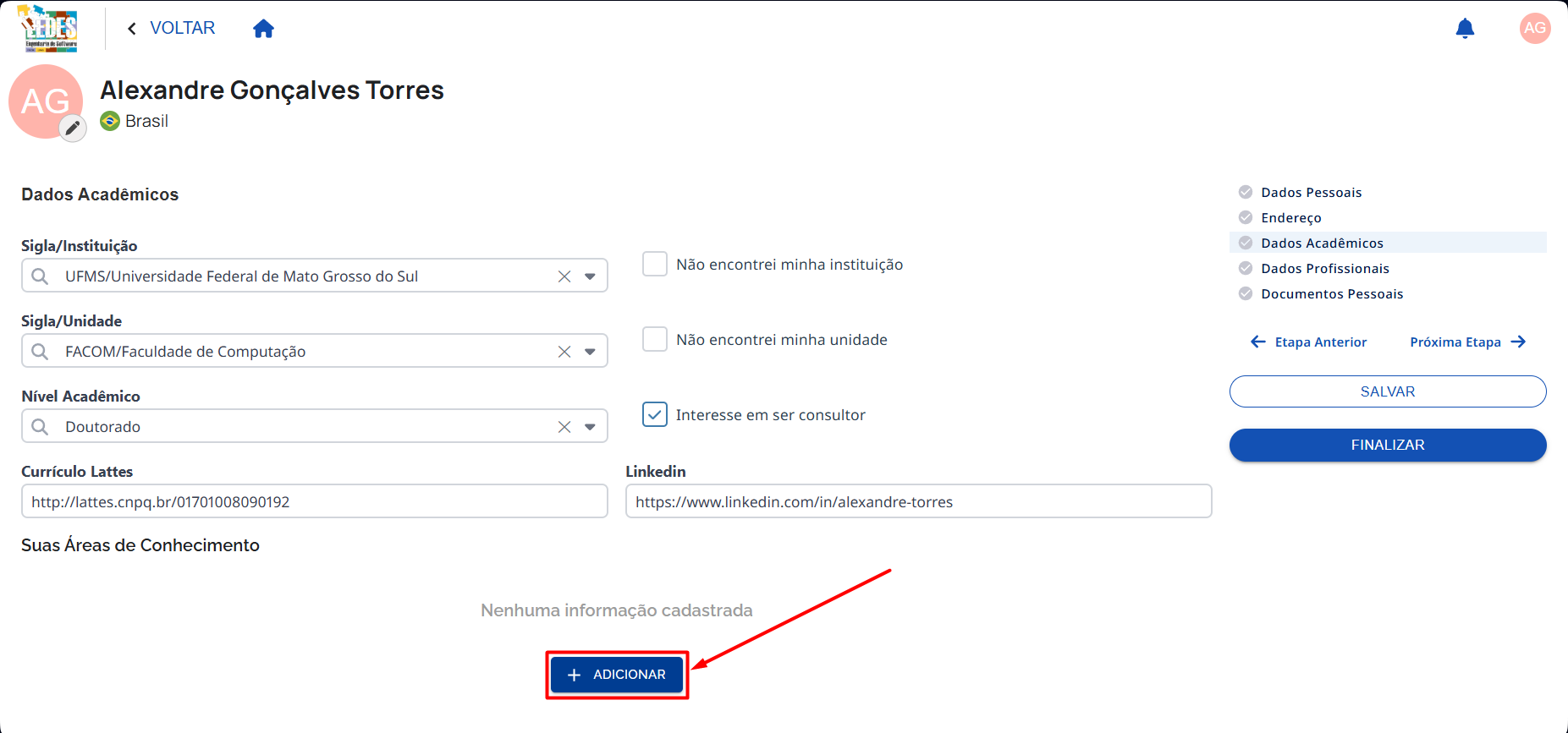 Adicionar Área de conhecimento