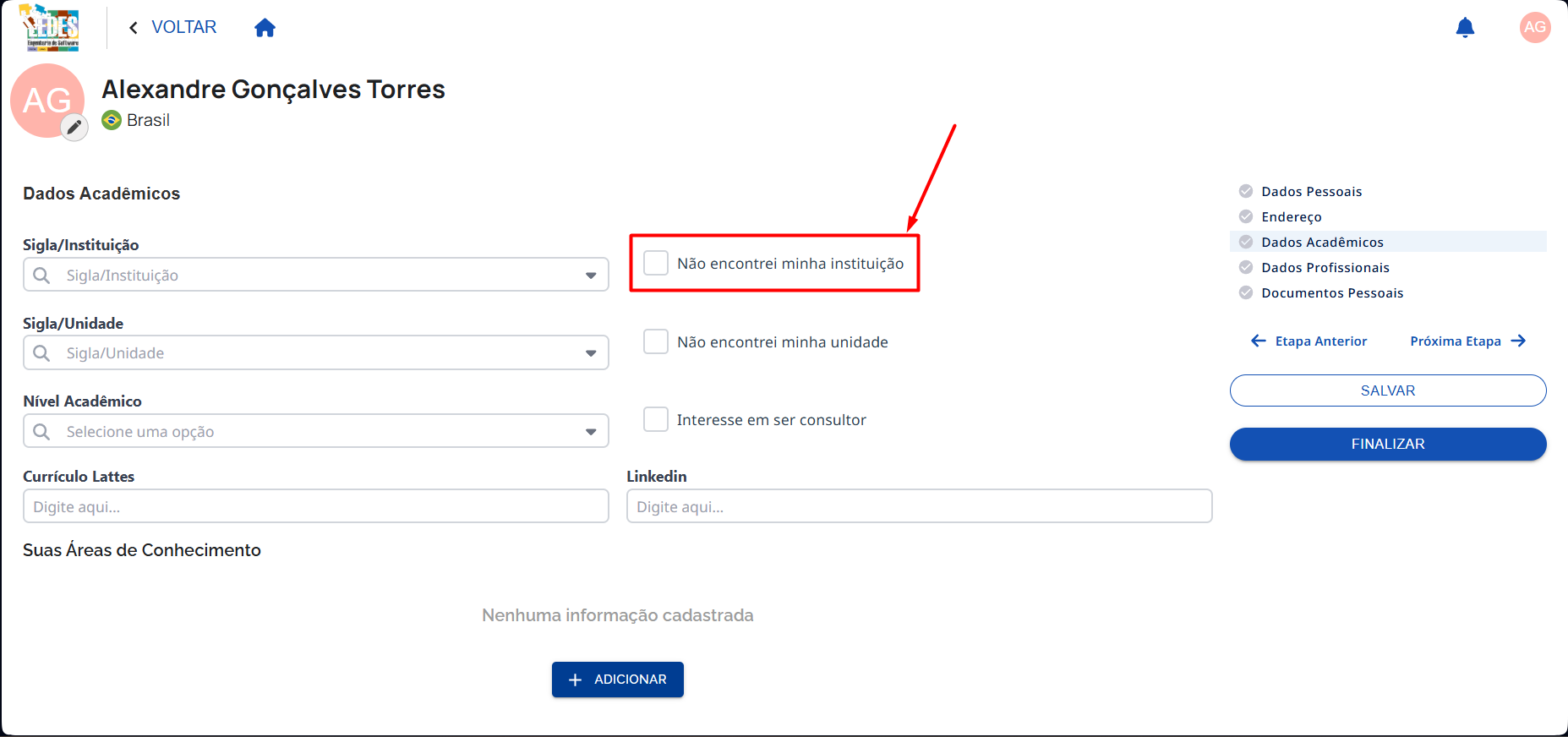 Instituição não encontrada