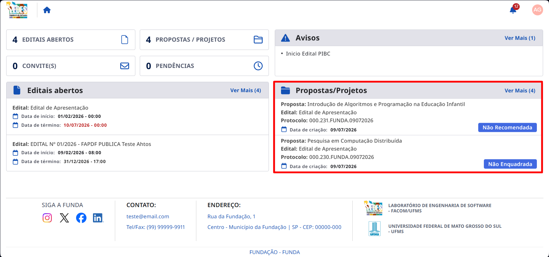 Área Propostas/Projetos